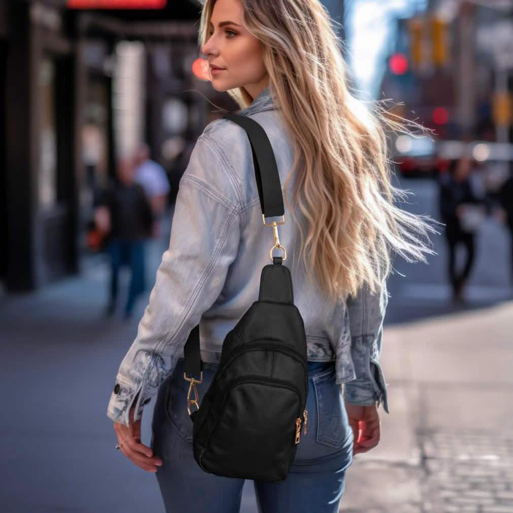 Real Leather Solid Strap Shoulder Sling Bag