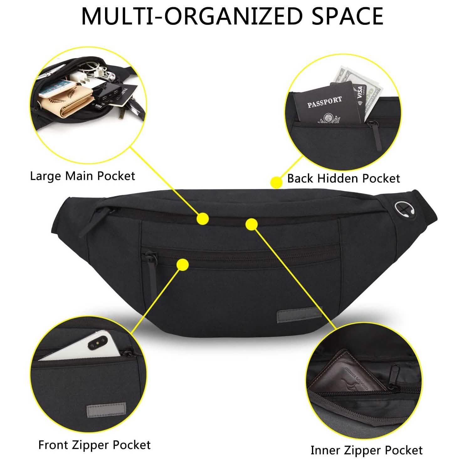 Large Crossbody Fanny Pack with 4-Zipper Pockets